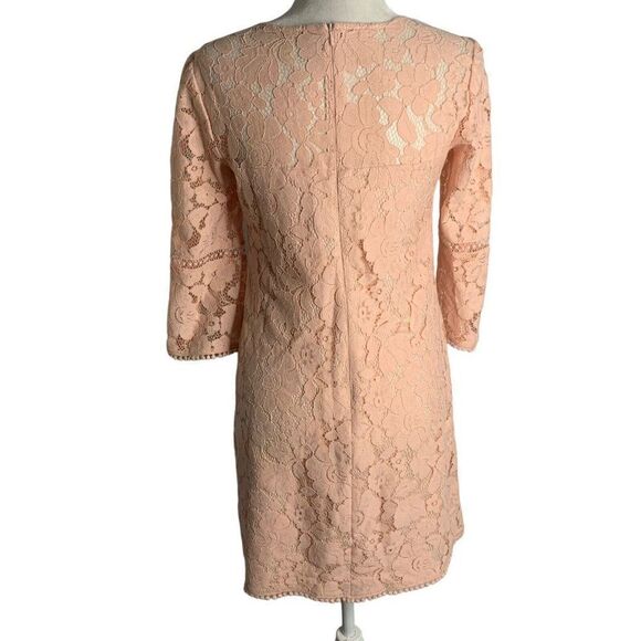 Vince Camuto Floral Lace Mini Dress 4 Pink Bell Sleeves Sheath Round Neck Zipper - Picture 3 of 6